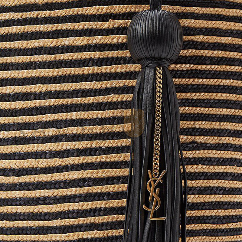 y*l Sa**t Lau*nt striped tote in raffia and leather 600308 (30*28*15cm)